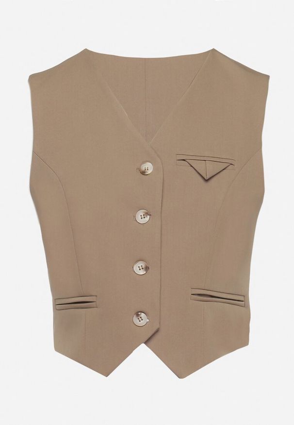 Born2be - Ciemnobeżowa Kamizelka Garniturowa z Imitacją Kieszonek Mawelin. Kolor: beżowy