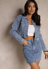 Renee - Niebieska Spódnica Jeansowa z Bawełny High Waist Ozdobiona Przetarciami Arionis. Okazja: na co dzień, na spacer. Stan: podwyższony. Kolor: niebieski. Materiał: bawełna, jeans. Wzór: aplikacja. Styl: młodzieżowy, casual