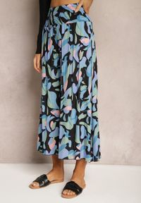 Renee - Czarno-Niebieskie Spodnie z Wiskozy High Waist z Gumką w Pasie Alaqinta. Okazja: na co dzień. Stan: podwyższony. Kolor: czarny. Materiał: wiskoza. Styl: casual, elegancki
