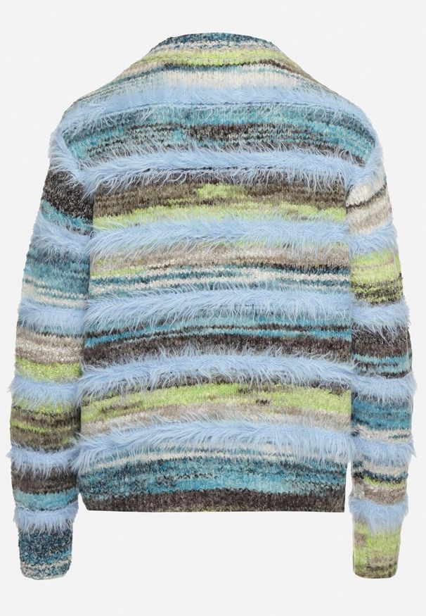 Born2be - Niebieski Kardigan z Wełną i Wiskozą na Guziki Ozdobiony Paskami Esalenia. Okazja: na co dzień. Typ kołnierza: dekolt w serek. Kolor: niebieski. Materiał: wełna, wiskoza. Długość rękawa: długi rękaw. Długość: długie. Wzór: aplikacja. Styl: casual, elegancki