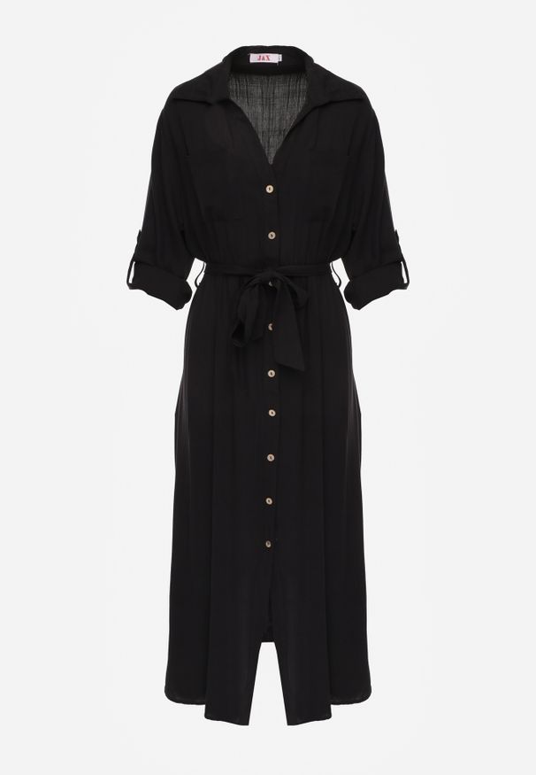 Renee - Czarna Koszulowa Sukienka z Bawełny z Wiązanym Paskiem i Podpinanymi Rękawami Cesela. Okazja: na co dzień. Kolor: czarny. Materiał: bawełna. Typ sukienki: koszulowe. Styl: boho, casual