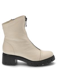 Beżowe Botki Simen Damskie Skórzane Modne Obuwie. Okazja: na spacer, na co dzień. Zapięcie: zamek. Kolor: beżowy. Szerokość cholewki: normalna. Materiał: skóra. Sezon: zima, jesień. Obcas: na obcasie. Styl: casual, elegancki. Wysokość obcasa: niski #4