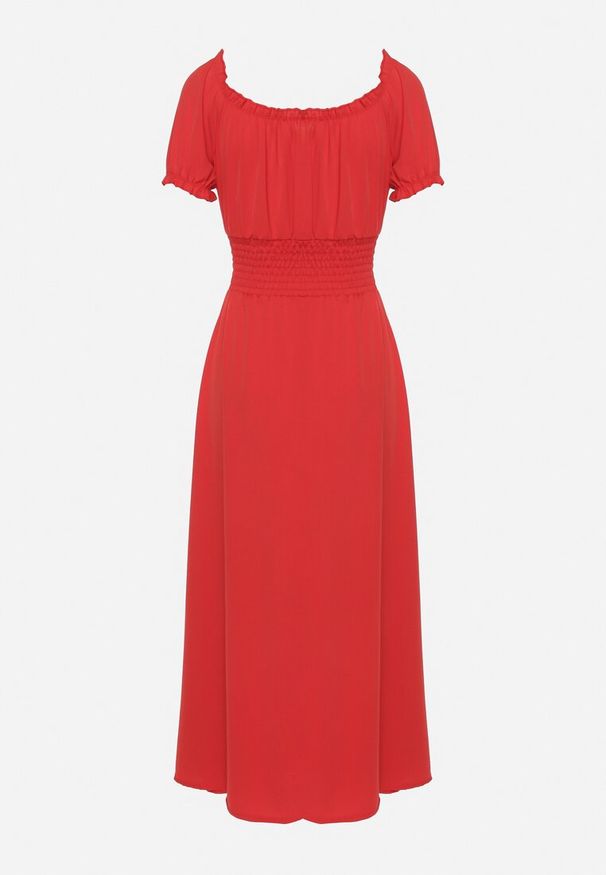 Born2be - Czerwona Sukienka Ozdobiona Bufkami Dolinossa. Okazja: na co dzień. Kolor: czerwony. Wzór: aplikacja. Sezon: lato. Styl: casual