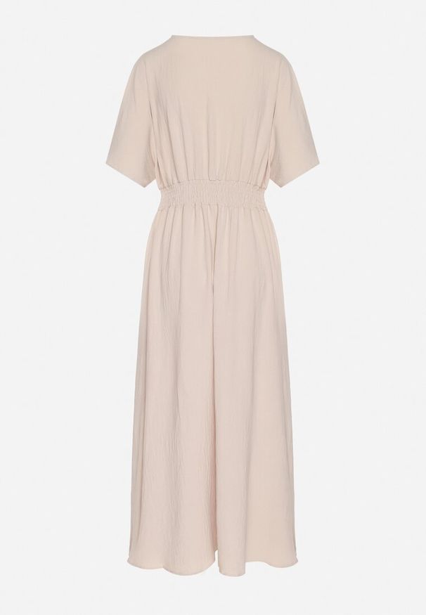 Born2be - Jasnobeżowa Rozkloszowana Sukienka z Gumką w Talii i Dekoltem w Serek Iffara. Okazja: na co dzień, na spotkanie biznesowe, do pracy. Typ kołnierza: dekolt w serek. Kolor: beżowy. Styl: biznesowy, casual