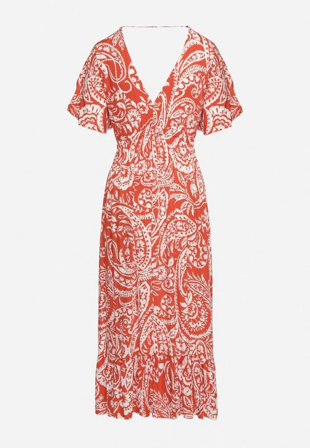 Born2be - Czerwona Sukienka W stylu Boho z Gumką w Pasie i Chwostami Wornima. Kolor: czerwony. Styl: boho