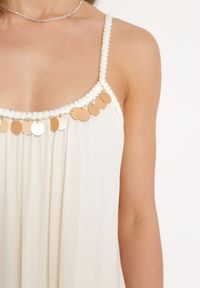 Born2be - Beżowa Wiskozowa Sukienka z Ramiączkami Zdobiona Cekinami i Metaliczną Nitką Comalara. Okazja: na co dzień, na imprezę. Typ kołnierza: dekolt w serek. Kolor: beżowy. Materiał: wiskoza. Długość rękawa: na ramiączkach. Wzór: aplikacja. Styl: casual #3