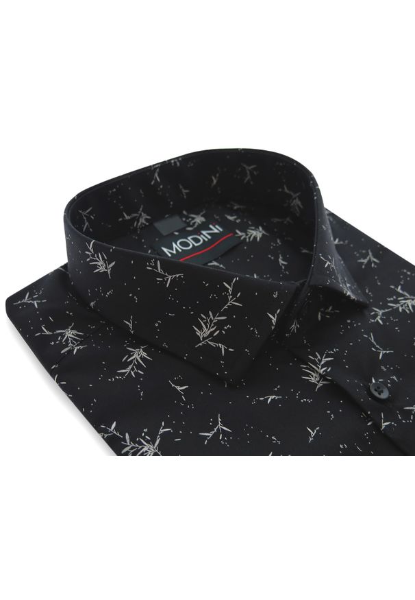 Modini - Czarna koszula męska w listki/gałązki Y47. Kolor: czarny. Materiał: bawełna, poliester, tkanina. Długość: długie