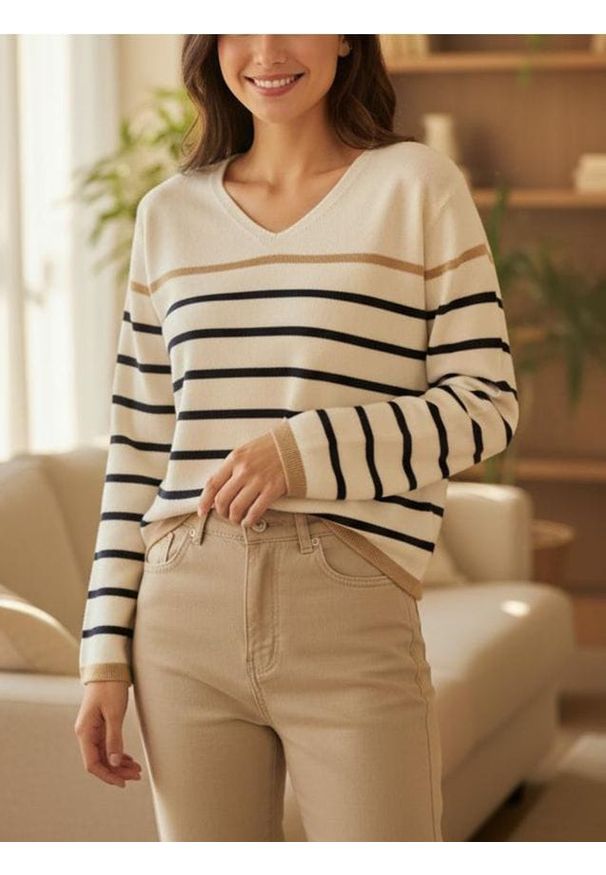 Sinsay - Sweter w paski z dekoltem V - biały. Kolor: biały. Wzór: paski