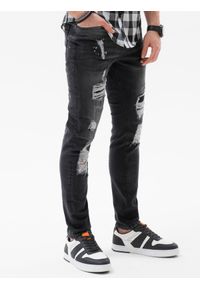 Ombre Clothing - Spodnie męskie jeansowe z dziurami SLIM FIT P1065 - czarne - XXL. Kolor: czarny. Materiał: jeans