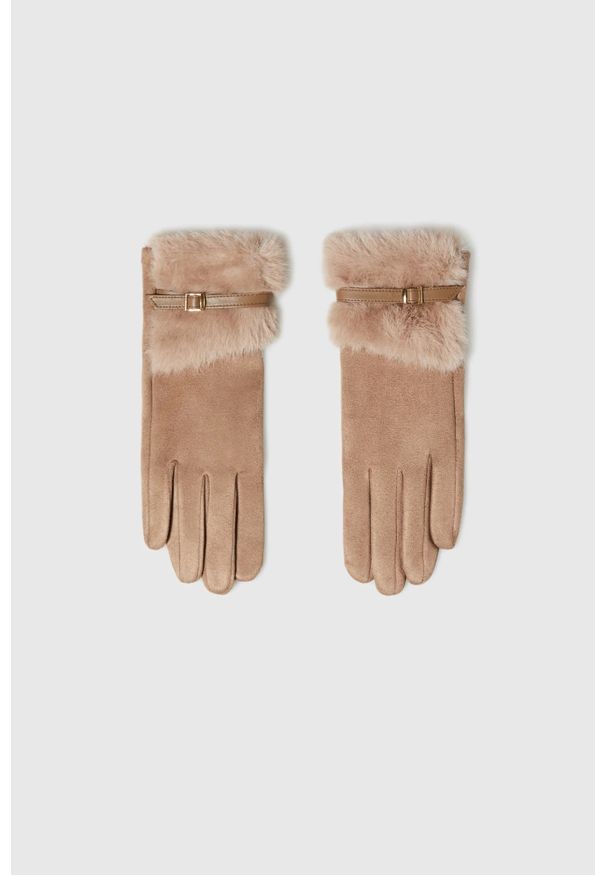 MOODO - Rękawiczki z futerkiem beżowe. Kolor: beżowy. Materiał: futro