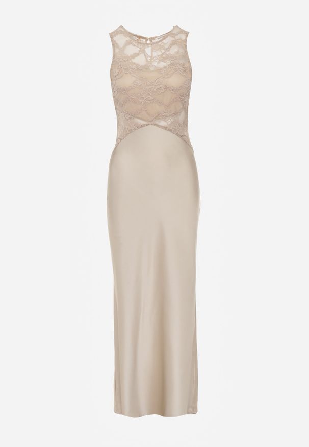 Renee - Beżowa Dopasowana Sukienka Wieczorowa z Koronkowymi Zdobieniami Bermina. Kolor: beżowy. Materiał: koronka. Wzór: aplikacja. Styl: wizytowy