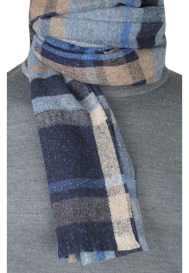 Męski Szalik z Wełną i Jedwabiem - V. Fraas - Niebieskie i Beżowe Elementy. Kolor: niebieski, beżowy, wielokolorowy, brązowy. Materiał: jedwab, wełna. Sezon: zima, lato. Styl: klasyczny, elegancki