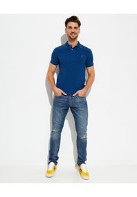 Ralph Lauren - RALPH LAUREN - Granatowa koszulka polo Slim Fit. Typ kołnierza: polo. Kolor: niebieski. Materiał: prążkowany, materiał, bawełna. Długość: długie. Wzór: ze splotem, haft