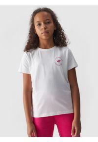 4f - 4F T-shirt gładki dziewczęcy - biały 134 (8-9 lat). Okazja: na co dzień. Kolor: biały. Materiał: bawełna, jersey, dzianina. Długość rękawa: krótki rękaw. Długość: krótkie. Wzór: gładki. Sezon: lato. Styl: sportowy, klasyczny, casual