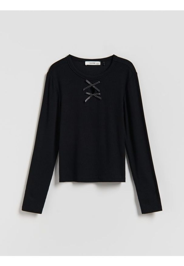 Reserved - Prążkowana koszulka z wiskozy - czarny. Kolor: czarny. Materiał: prążkowany, wiskoza