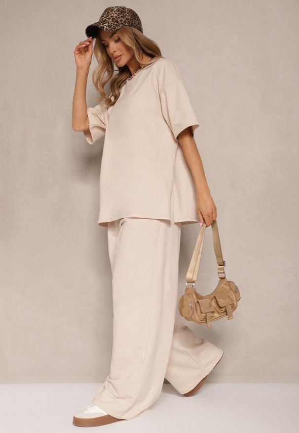 Renee - Beżowy Komplet z Bawełny T-shirt z Rozcięciami i Spodnie o Szerokim Kroju Elpiola. Kolor: beżowy. Materiał: bawełna