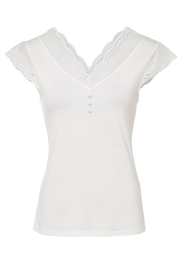 Shirt LENZING™ ECOVERO™ bonprix biel wełny. Kolor: biały. Materiał: wełna. Wzór: koronka