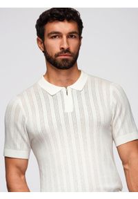 Ombre Clothing - Ażurowa koszulka polo męska z suwakiem przy dekolcie – biała V1 - Rozmiar: L. Typ kołnierza: polo. Kolor: biały. Materiał: nylon, wiskoza, elastan, dzianina. Wzór: ażurowy. Sezon: lato. Styl: elegancki