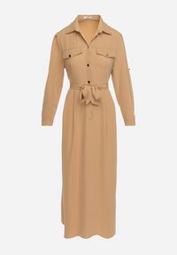 Born2be - Beżowa Rozkloszowana Sukienka Maxi z Koszulową Górą i Wiązanym Paskiem Indiga. Kolor: beżowy. Materiał: materiał. Wzór: jednolity. Typ sukienki: koszulowe. Długość: maxi #5