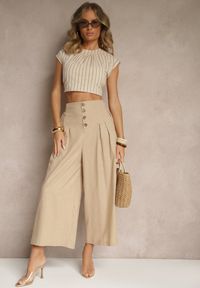 Renee - Ciemnobeżowe Spodnie Culottes High Waist z Bawełny Zdobione Guzikami Izuma. Okazja: na co dzień. Stan: podwyższony. Kolor: beżowy. Materiał: bawełna. Wzór: aplikacja. Styl: elegancki, casual