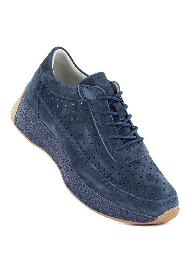 Skórzane półbuty damskie ażurowe granatowe Sergio Leone SP013. Kolor: niebieski. Materiał: skóra. Szerokość cholewki: normalna. Wzór: ażurowy