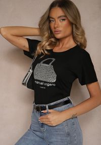 Renee - Czarny T-shirt z Bawełny z Napisem i Cyrkoniami Sanadriena. Okazja: na co dzień. Kolor: czarny. Materiał: bawełna. Wzór: napisy. Styl: klasyczny, casual, elegancki #3