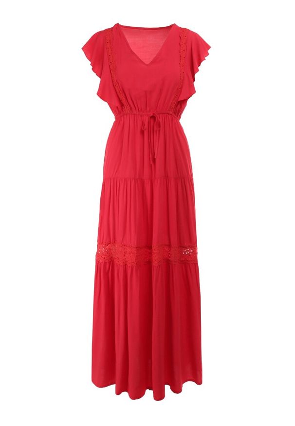 Born2be - Czerwona Sukienka Cileis. Typ kołnierza: kołnierz z falbankami. Kolor: czerwony. Materiał: wiskoza, koronka. Długość rękawa: krótki rękaw. Wzór: geometria. Długość: maxi