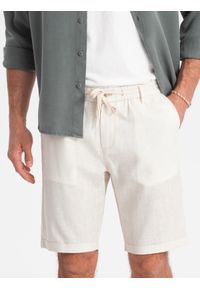 Ombre Clothing - Męskie krótkie spodenki z dodatkiem lnu - kremowe V2. Okazja: na co dzień. Kolor: kremowy. Materiał: len. Długość: krótkie. Sezon: lato. Styl: wakacyjny, casual #6