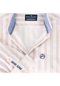 Biała, Lekko Taliowana Koszula Męska - Pako Jeans - Beżowy Prążek. Okazja: na co dzień. Kolor: brązowy, beżowy, wielokolorowy. Materiał: wiskoza, bawełna. Wzór: paski. Styl: casual #8