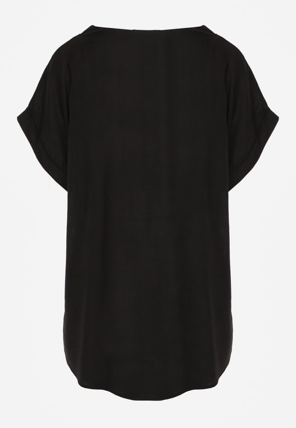 Renee - Czarna Bluzka z Lnem i Wiskozą o Nietoperzowym Kroju z Krótkim Rękawem Herira. Okazja: na co dzień. Typ kołnierza: dekolt w serek. Kolor: czarny. Długość: krótkie. Wzór: aplikacja. Materiał: wiskoza, len. Długość rękawa: krótki rękaw. Sezon: lato. Styl: casual, elegancki