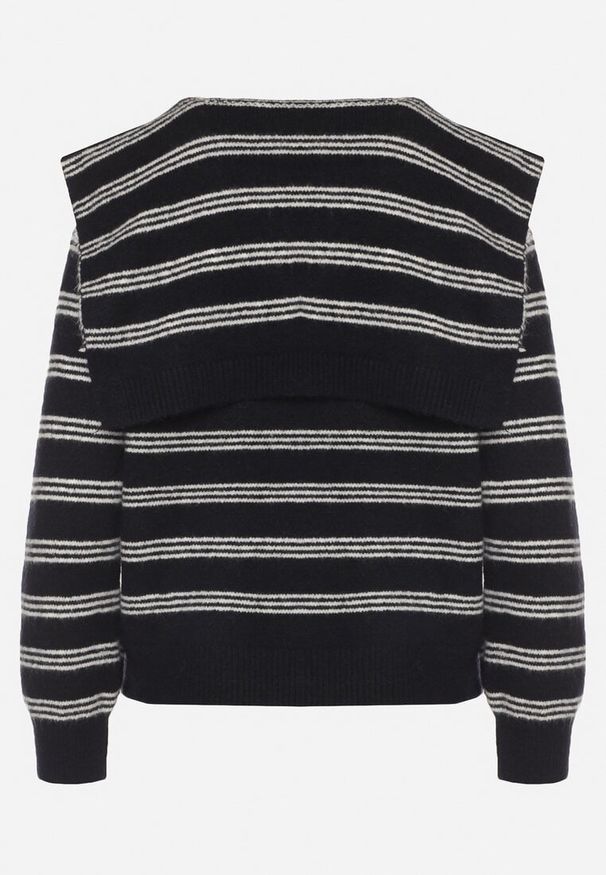 Born2be - Granatowy Kardigan w Paski z Domieszką Wełny z Dodatkową Narzutką Fedina. Kolor: niebieski. Materiał: wełna. Długość rękawa: długi rękaw. Długość: długie. Wzór: paski. Styl: klasyczny, elegancki