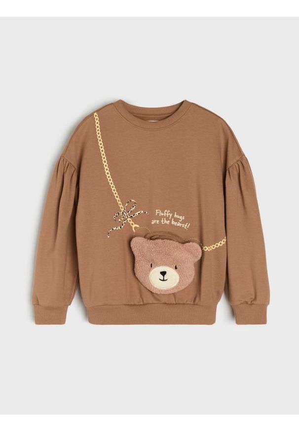 Sinsay - Bluza crewneck z elementami 3D - brązowy. Kolor: brązowy