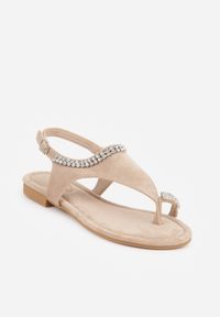 Renee - Beżowe Eleganckie Sandały w Stylu Boho z Paskiem na Duży Palec i Cyrkoniami Poreila. Zapięcie: pasek. Kolor: beżowy. Materiał: len. Wzór: aplikacja. Sezon: lato. Obcas: na płaskiej podeszwie. Styl: boho, elegancki #5