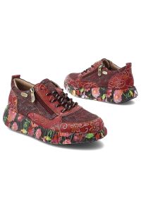 Sneakersy damskie Laura Vita, na grubej platformie skórzane w kwiaty i na zamek, prune, Nikito-62-SL26803-62BS3. Okazja: na co dzień. Zapięcie: zamek, sznurówki. Kolor: czerwony. Materiał: skóra. Szerokość cholewki: normalna. Wzór: aplikacja, kwiaty. Obcas: na platformie. Styl: casual, klasyczny #5