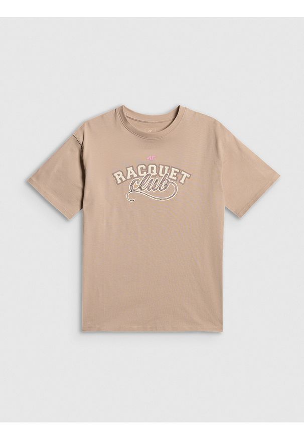 4f - 4F T-shirt oversize z nadrukiem dziewczęcy - beżowy 122/128 (6-8 lat). Okazja: na co dzień. Kolor: beżowy. Materiał: bawełna, dzianina. Wzór: nadruk. Sezon: lato. Styl: casual