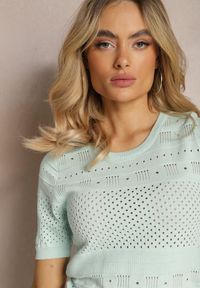 Renee - Miętowa Klasyczna Bluzka w Ażurowy Wzór Lidakra. Okazja: na co dzień. Kolor: miętowy. Materiał: jeans. Długość rękawa: krótki rękaw. Długość: krótkie. Wzór: ażurowy. Styl: klasyczny #3
