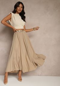 Renee - Ciemnobeżowa Spódnica z Wiskozą o Rozkloszowanym Kroju Addlia. Okazja: na co dzień. Kolor: beżowy. Materiał: wiskoza. Styl: elegancki, casual