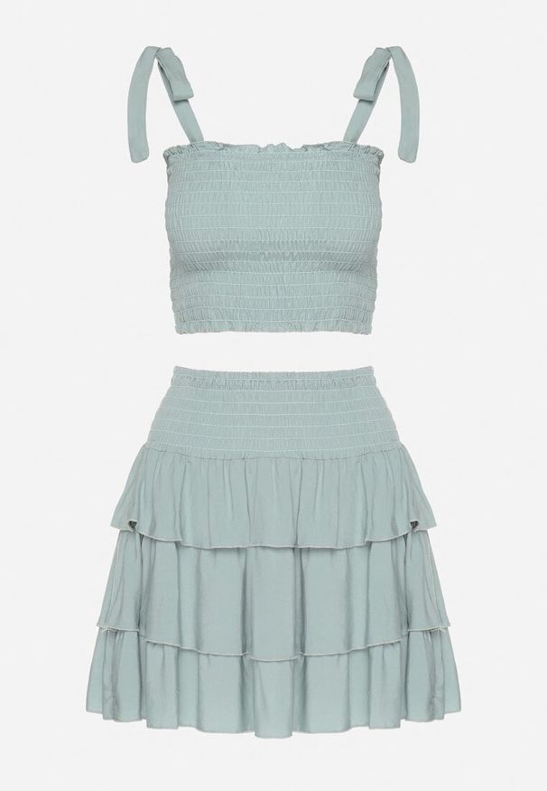 Born2be - Miętowy Bawełniany Komplet Top z Kokardami i Spódnica z Falbanami Saralva. Kolor: zielony. Materiał: bawełna