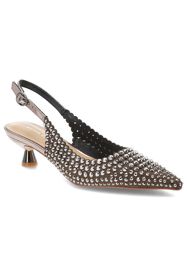 Srebrne Czółenka Alma En Pena Eleganckie Buty Damskie Na Obcasie. Okazja: na imprezę. Nosek buta: szpiczasty. Zapięcie: pasek. Kolor: czarny. Wzór: aplikacja. Obcas: na obcasie. Styl: elegancki. Wysokość obcasa: średni