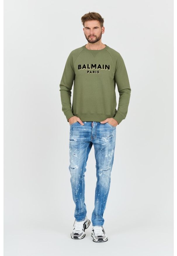 Balmain - BALMAIN Zielona męska bluza Flock&foil Sweatshirt, Rozmiar M. Kolor: zielony