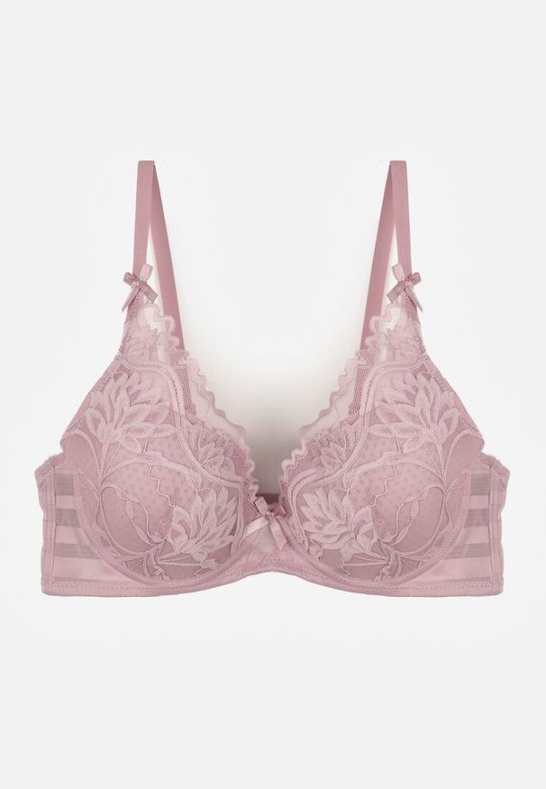 Renee - Fioletowy Biustonosz Zdobiony Koronką i Kokardami Morgavia. Kolor: fioletowy. Materiał: koronka. Wzór: aplikacja, koronka