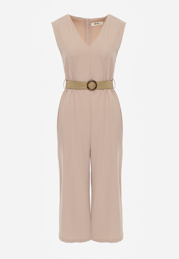 Born2be - Beżowy Kombinezon Zapinany na Suwak z Poduszkami w Ramionach i Paskiem z Klamrą Bless. Okazja: na co dzień. Kolor: beżowy. Styl: casual, klasyczny