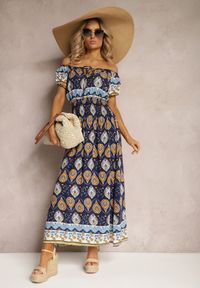 Renee - Granatowa Sukienka na Lato z Bawełny z Modelującą Gumką w Talii Deorna. Kolor: niebieski. Materiał: bawełna. Sezon: lato #4