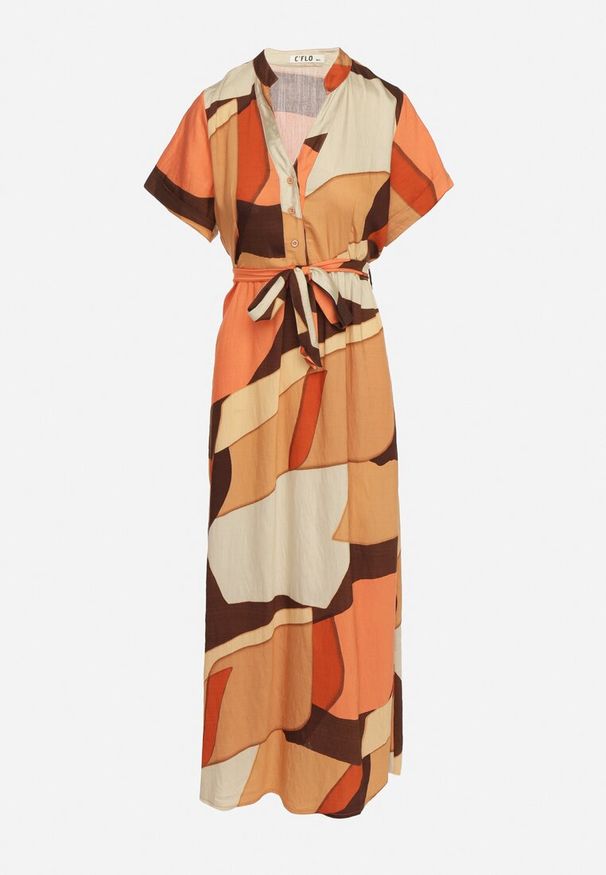 Born2be - Jasnobrązowa Sukienka Rozkloszowana z Wiskozy w Geometryczny Wzór z Paskiem Ranislla. Okazja: na co dzień. Typ kołnierza: dekolt w serek. Kolor: brązowy. Materiał: wiskoza. Długość rękawa: krótki rękaw. Wzór: geometria. Styl: casual, elegancki