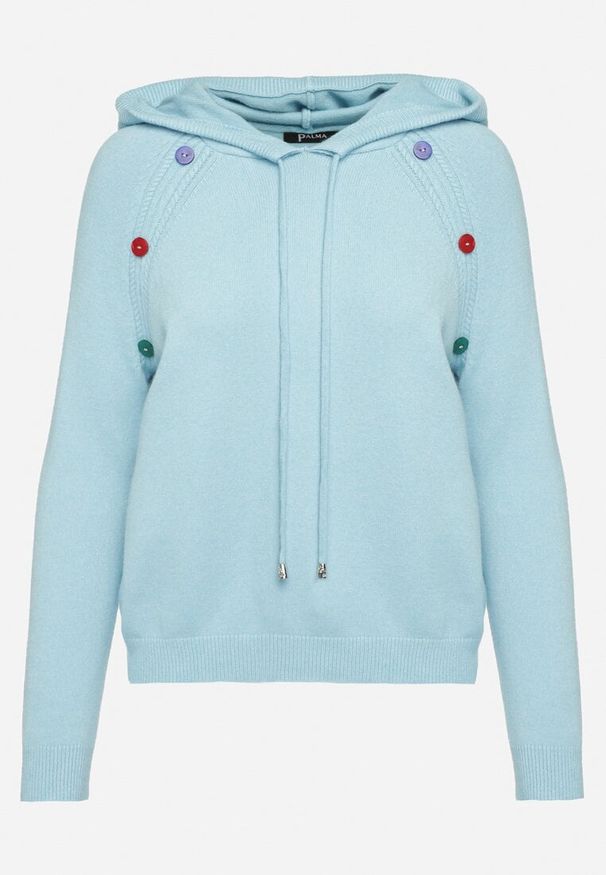 Born2be - Jasnoniebieski Sweter z Wiskozą o Pudełkowym Kroju z Kapturem i Kolorowymi Guzikami Ettecia. Okazja: na co dzień. Typ kołnierza: kaptur. Kolor: niebieski. Materiał: wiskoza. Długość rękawa: długi rękaw. Długość: długie. Wzór: kolorowy. Styl: casual