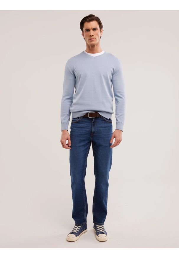 Big-Star - Sweter męski bawełniany z dekoltem v-neck niebieski Vassic 400. Okazja: na co dzień. Kolor: niebieski. Materiał: bawełna. Styl: casual, klasyczny, elegancki
