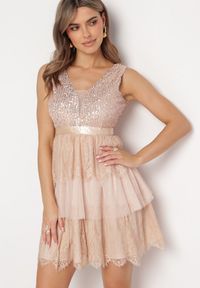 Born2be - Beżowa Rozkloszowana Sukienka Mini z Tiulowym Dołem i Cekinami Uriella. Kolor: beżowy. Materiał: tiul. Wzór: koronka. Długość: mini #1
