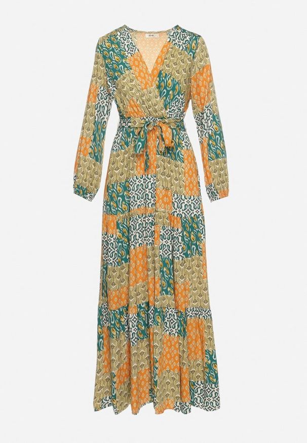 Born2be - Zielono-Żółta Wiskozowa Sukienka z Kopertowym Dekoltem z Gumką w Pasie i Materiałowym Paskiem Fulina. Okazja: na co dzień. Typ kołnierza: dekolt w serek. Kolor: zielony. Materiał: wiskoza, materiał. Długość rękawa: długi rękaw. Typ sukienki: kopertowe. Styl: boho, klasyczny, casual