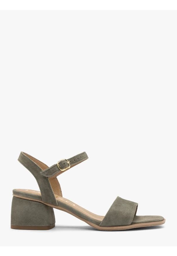 Ryłko - Oliwkowe sandały damskie na obcasie. Zapięcie: sprzączka. Kolor: oliwkowy. Materiał: skóra, welur. Obcas: na obcasie. Styl: street. Wysokość obcasa: średni