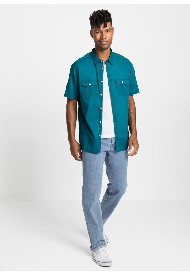 bonprix - Koszulka z krótkim rękawem, z czystej bawełny. Typ kołnierza: kołnierzyk włoski. Kolor: niebieski. Materiał: bawełna, materiał. Długość rękawa: krótki rękaw. Długość: krótkie. Sezon: lato